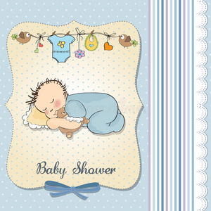 带小男婴睡眠的婴儿沐浴卡