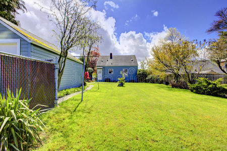 后院有蓝色的小房子和翠绿的春草。