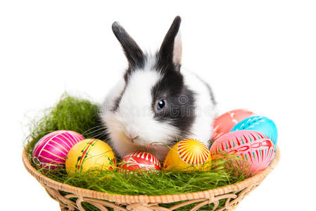 篮子里有蛋的复活节兔子