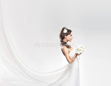 化妆品 头发 新娘 结婚 黑发 长的 女孩 美丽的 花束