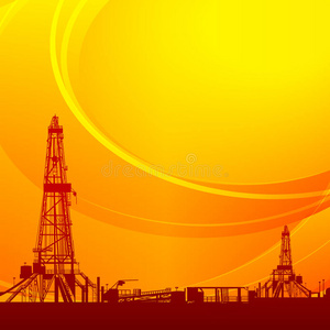 石油钻井平台轮廓和橙色天空