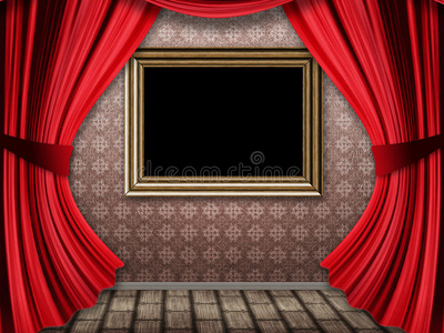 有红色窗帘和框架的房间