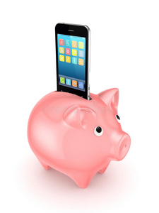 粉红色的储蓄罐和现代手机。