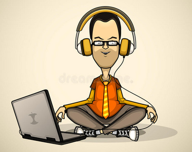 穿着橙色衬衫，头戴耳机，带笔记本电脑的用户