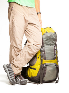旅行者 旅行 行走 裤子 靴子 成人 特写镜头 背包旅行