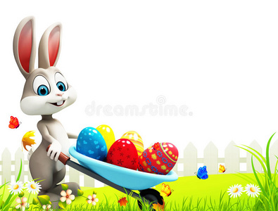 带蛋推车的灰色复活节兔子