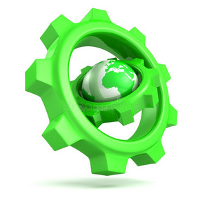 抽象绿色齿轮与地球仪概念图标