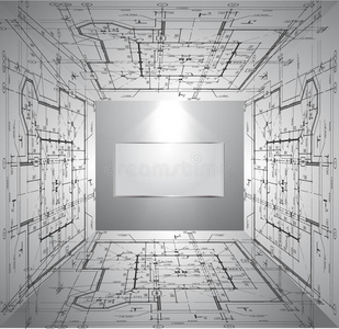 墙上有壁纸蓝图和灯光。矢量