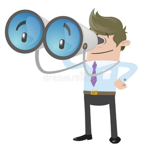 向前看卡通商业伙伴用他的大望远镜照片