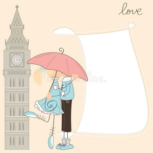 伦敦雨伞下的女孩亲吻男孩