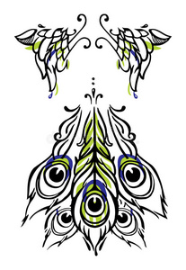纹身或身体艺术风格的孔雀翅膀和尾巴上的白色。矢量
