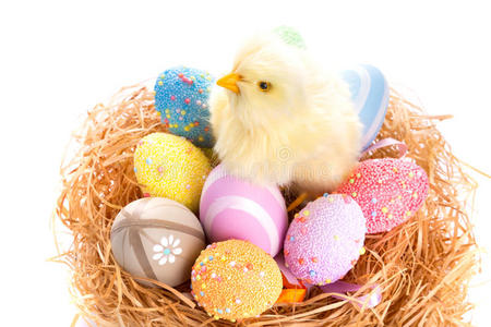 复活节彩蛋和巢中小鸡图片