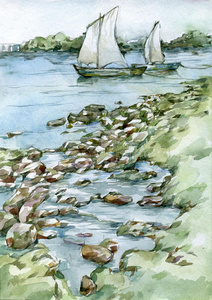 河上的帆船水彩插图