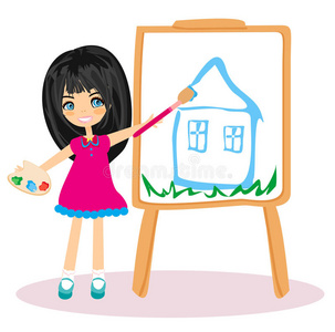 小艺术家女孩在画她梦想中的房子