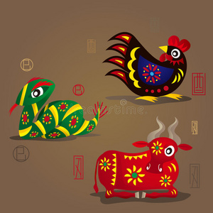 中国十二生肖吉祥物:鸡,蛇,牛照片