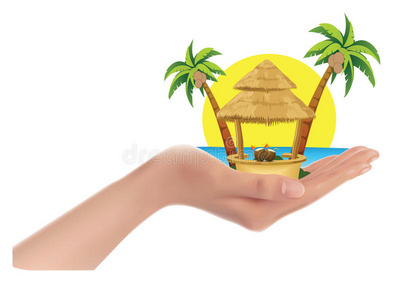 棕榈树，大海，太阳，大手拿着小屋，