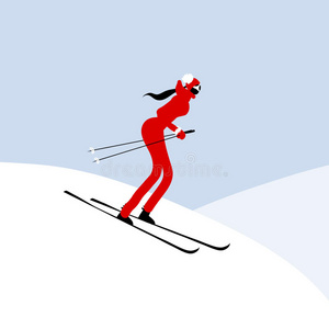 女子滑雪，冬季山景