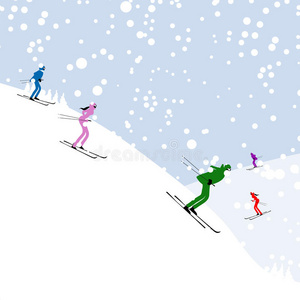 人们滑雪，冬季山景