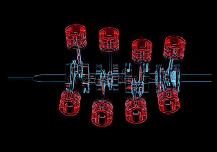 带活塞的曲轴3d X光红色和蓝色透明