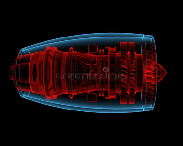 涡轮喷气发动机3d X光红色和蓝色透明