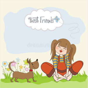 一个浪漫的女孩光着脚和她可爱的狗坐在草地上