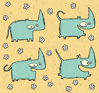 手绘Grunge插图集四个可爱的犀牛和花