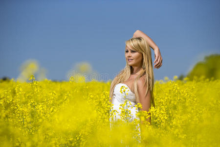 一个美丽的女孩在一片黄花地里摆姿势