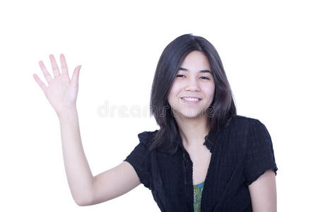 道别友好的年轻女孩挥手向你问好或道别照片