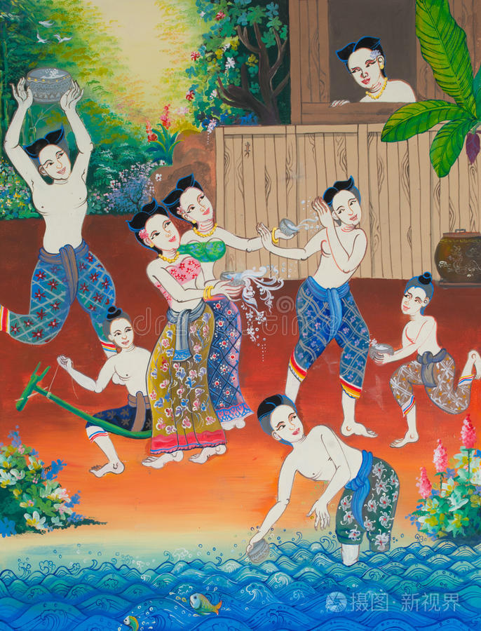 美丽的中国武士壁画艺术中国画与灰泥艺术中国风格绘画泰国艺术门的