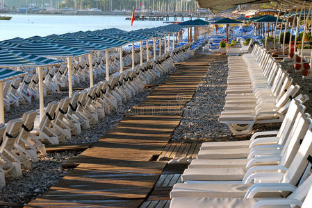 酒店海滩上空荡荡的日光浴床和雨伞