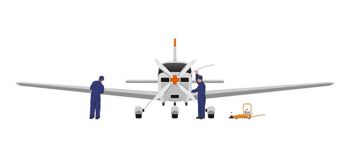 飞机的维修和保养。工程师检查飞机的发动机和机翼。平面型私人平面的工业制图。前视图