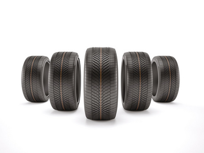 四个黑色浅谈体育轮胎的三维图。孤立对白色