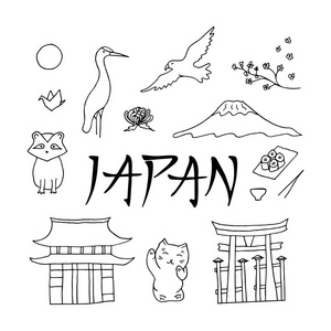 旅游偶像插画,地标金阁寺寺,严岛祠,东京塔,孔庙,山富士,竹日本手工画