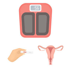 妇女和怀孕卡通图标集的设计。妇科和设备矢量符号库存 web 插图