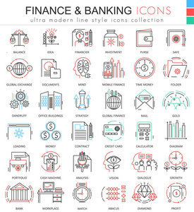 矢量金融和银行业超现代色彩轮廓线图标为应用程序和 web 设计。财务钱图标集