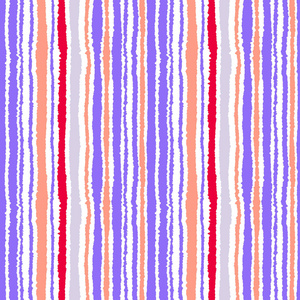 无缝的带状分布。撕碎的纸片效果的垂直线条。切丝边缘纹理。白色背景上的淡紫色 橙色 红色的颜色。矢量