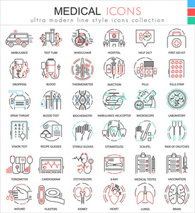 矢量医学彩色扁线大纲图标为应用程序和 web 设计。医疗医疗图标