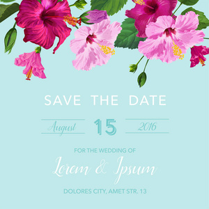 婚礼请柬祝贺与紫色芙蓉花。保存日期花卡片为问候, 周年纪念, 生日。植物学设计。矢量插图