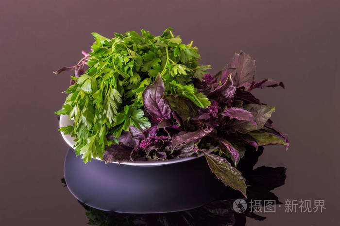 新鲜欧芹和上一个黑色的反光桌子紫罗勒