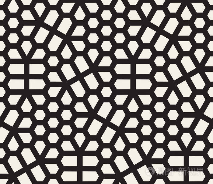 矢量无缝黑色和白色不规则六边形网格几何图案