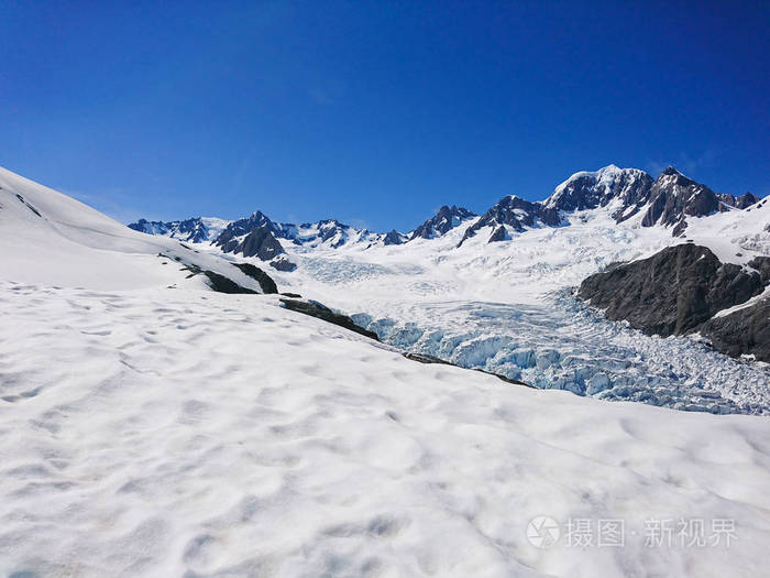 新西兰狐狸冰川与晴朗的蓝天背景, 自然风景背景