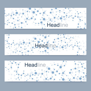 现代向量横幅的科学设置。Dna 分子的结构与连接的线和点。科学向量背景。医疗 技术，化学设计