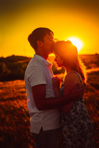 浪漫的情侣站和接吻背景夏天草地日落