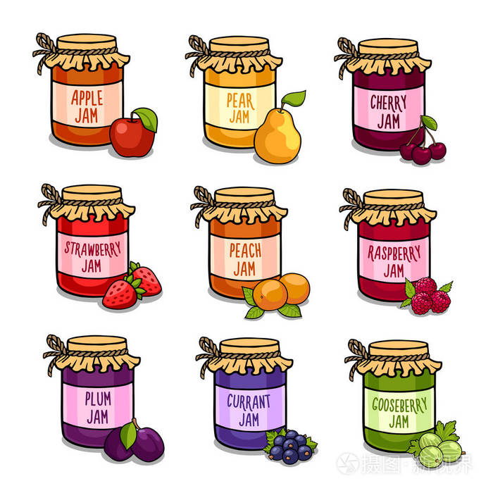 一套带美味自制果酱的彩色罐子插画-正版商用图片0n2dax-摄图新视界