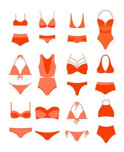 矢量插画女子夏季比基尼套装。女性内衣, 女式泳装, 不同设计类型, 红颜色比基尼收藏