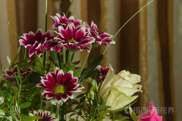 菊花和玫瑰在家里的花束