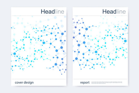 科学的宣传册设计模板。矢量海报布局 分子结构与连接的线和点。科学模式原子 Dna 与杂志 传单 封面 海报设计元素