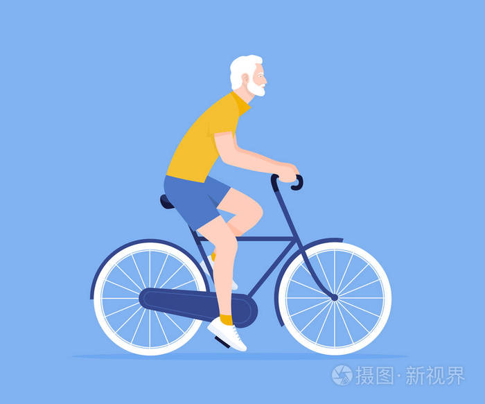 那位老人正在骑自行车.休息和度假.健康的生活方式.矢量平图