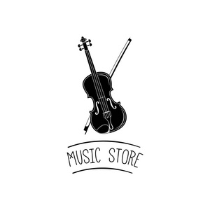 小提琴乐器与弓。音乐商店标志。矢量