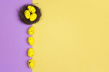 黄色和紫色背景的巢中的小黄蛋。警察